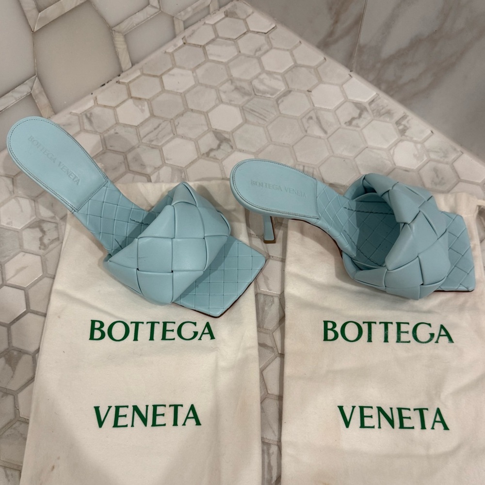 Bottega Veneta Light Blue Heeled Mules. With dust bag